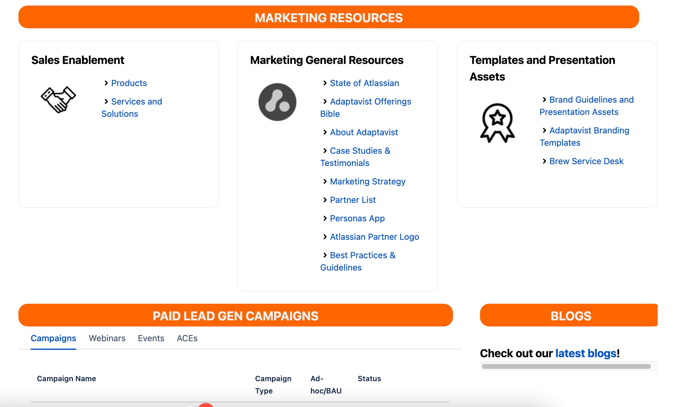 A screenshot of internal marketing hub with links to resources and sales enablement