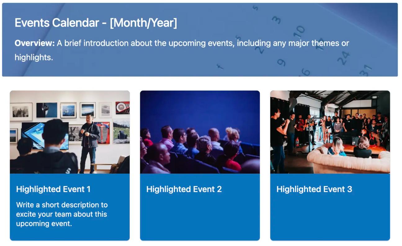 The banner and highlighted events sections of our Events Calendar Template for Confluence.
