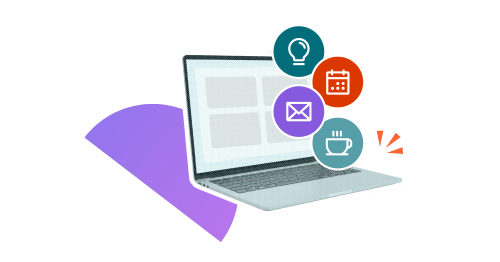An open laptop overlaid with four icons including a lightbulb, a calendar, a envelope, and a steaming coffee cup.