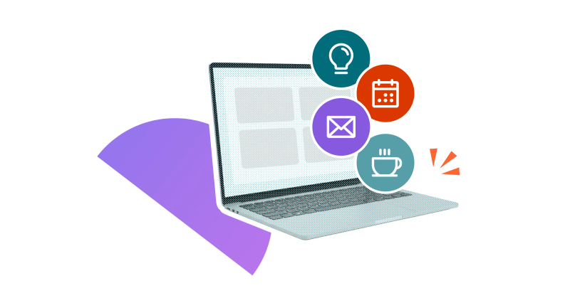 An open laptop overlaid with four icons including a lightbulb, a calendar, a envelope, and a steaming coffee cup.