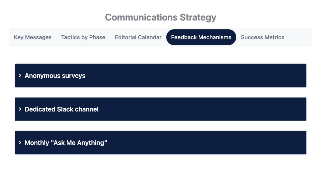 The 'Communications Strategy' section of the change management plan example page.