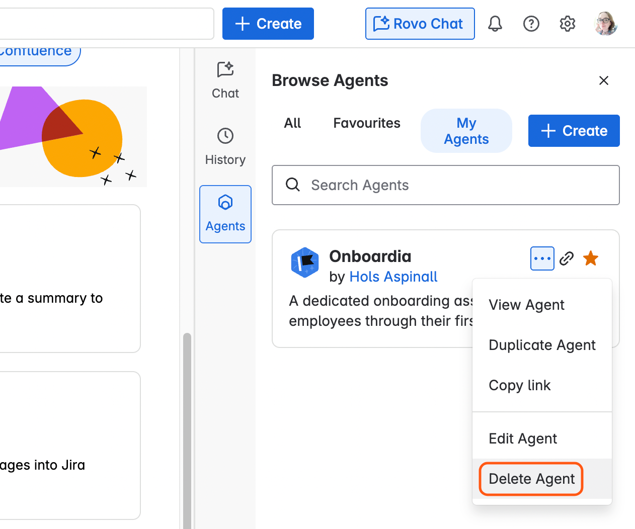 Screenshot of a Rovo Agent selected in Confluence with the 'Delete Agent' option circled