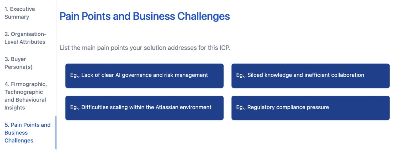 The 'Pain Points and Business Challenges' tab of the ICP, showing four example pain points and challenges displayed neatly in blue cards.