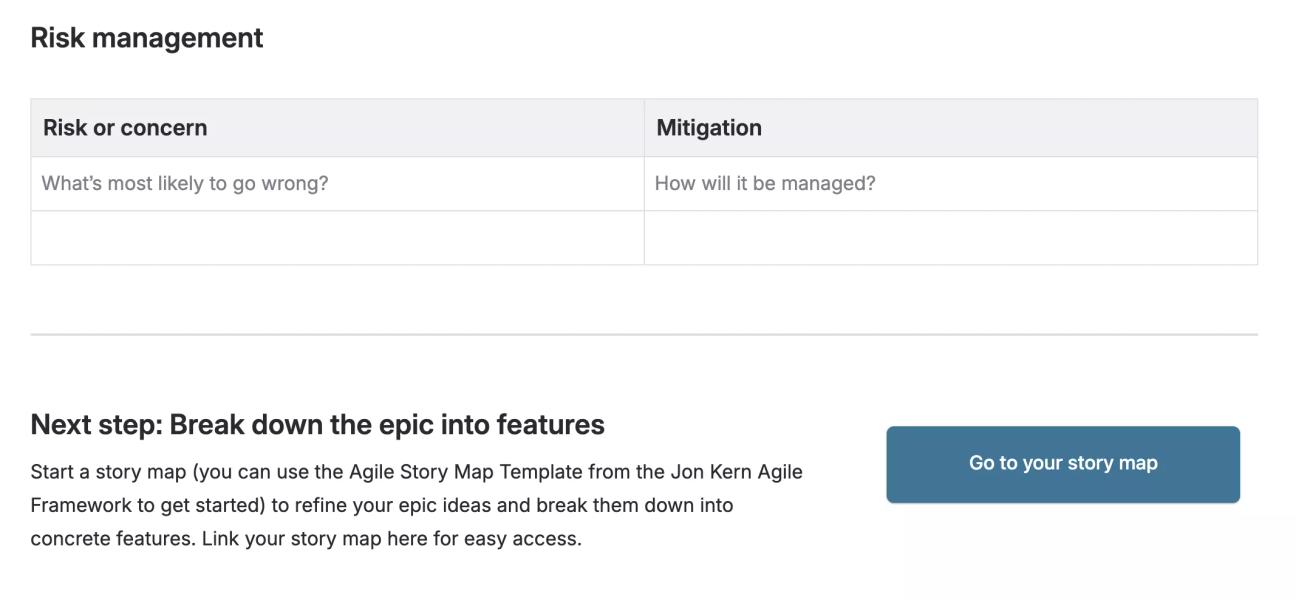 A screenshot of the 'Risk management' and 'Next step' sections of the Agile Epic Brief Template