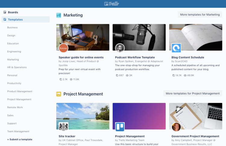 A screenshot of the Trello template directory