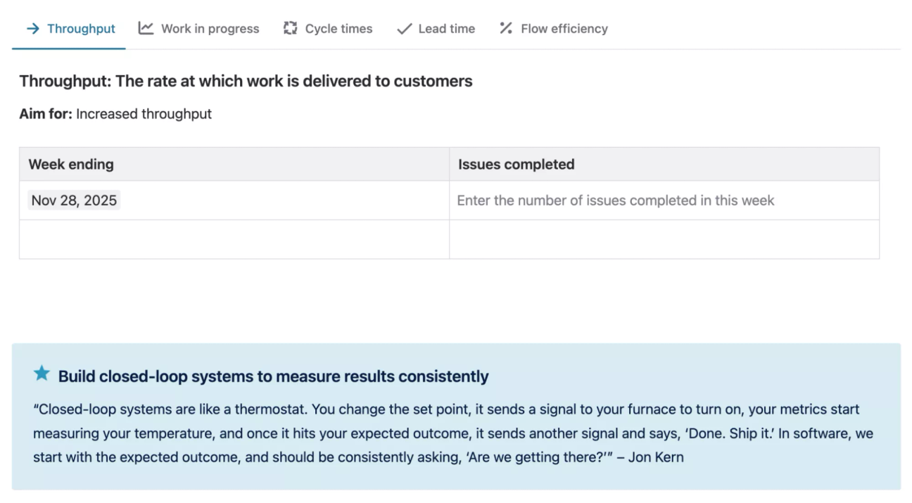 A screenshot of the 'Value delivery metrics for teams and processes' section of the Agile Delivery Metrics Template, showing a tip from Jon Kern