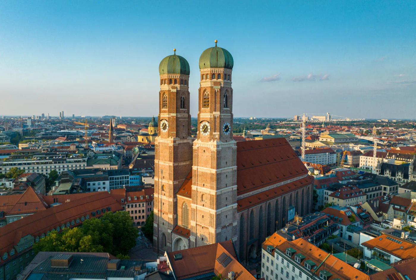 A drone shot of Frauenkirche church in Munich