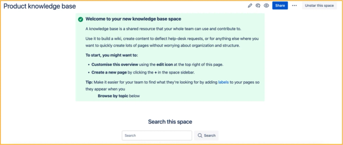 A screenshot of a welcome message at the top of a newly created Confluence knowledge base