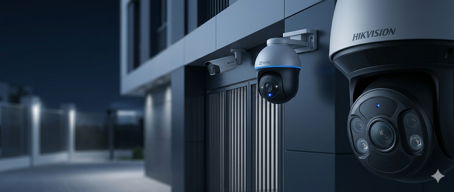 Perimeter surveillance cameras mounted on an estate boundary wall