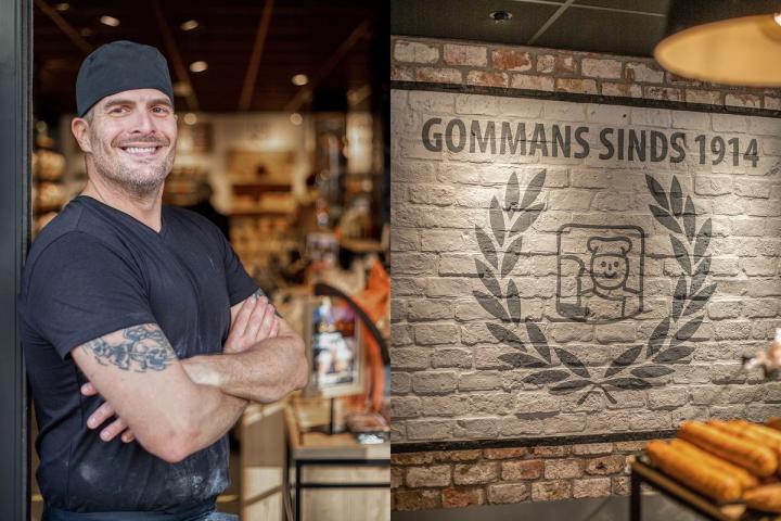 Meester Boulanger Bas Gommans in de ambachtelijke bakkerij van Gommans in Horst, met op de achtergrond de karakteristieke wandvisual ‘Gommans sinds 1914’.