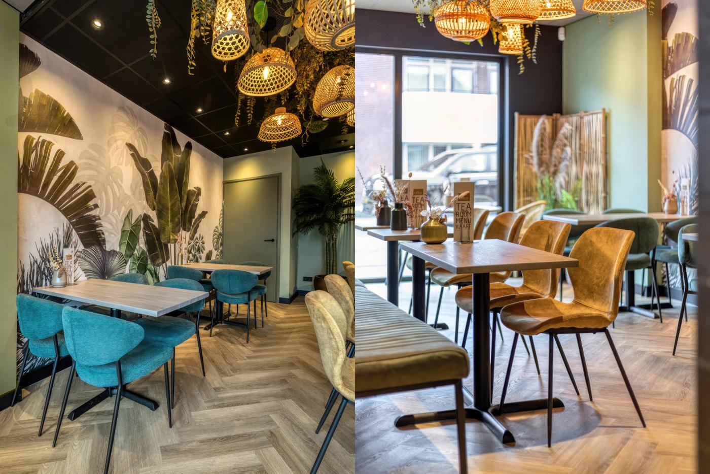 Sfeervolle lunchroom met botanische elementen en rieten lampen aan het plafond. Er is gebruik gemaakt van verschillende kleurrijke stoelen en stoffen
