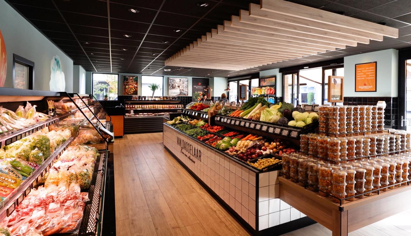 Verse groente- en aardappelpresentatie bij Van Dasselaar Groenten in Voorthuizen, met ruime koelwand, kleurrijke versproducten en een modern winkelinterieur met warme houtaccenten.