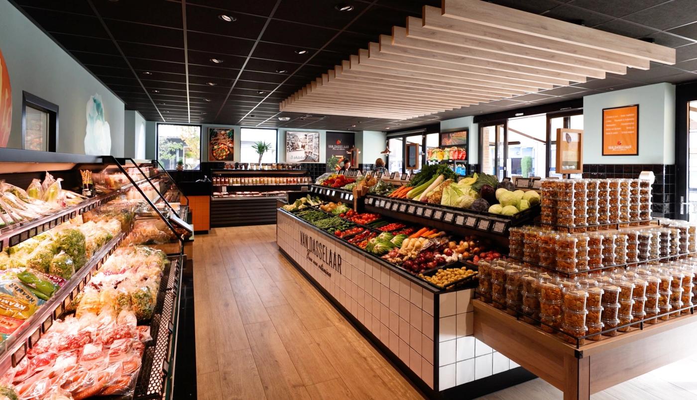 Verse groente- en aardappelpresentatie bij Van Dasselaar Groenten in Voorthuizen, met ruime koelwand, kleurrijke versproducten en een modern winkelinterieur met warme houtaccenten.