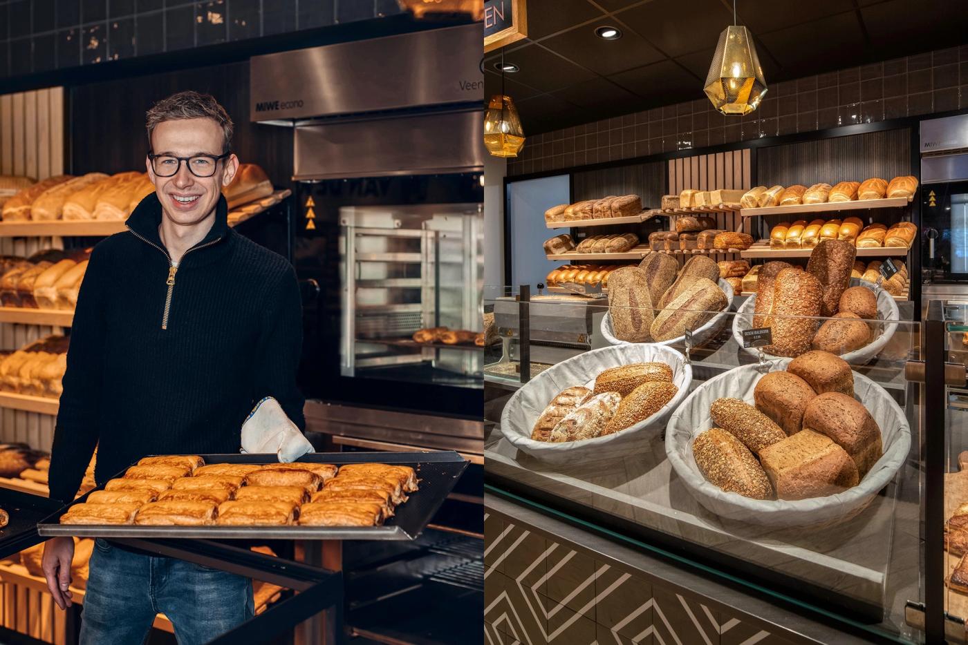 Bakker met vers gebak, naast een presentatie van brood in manden bij Bakker Van der Veer.