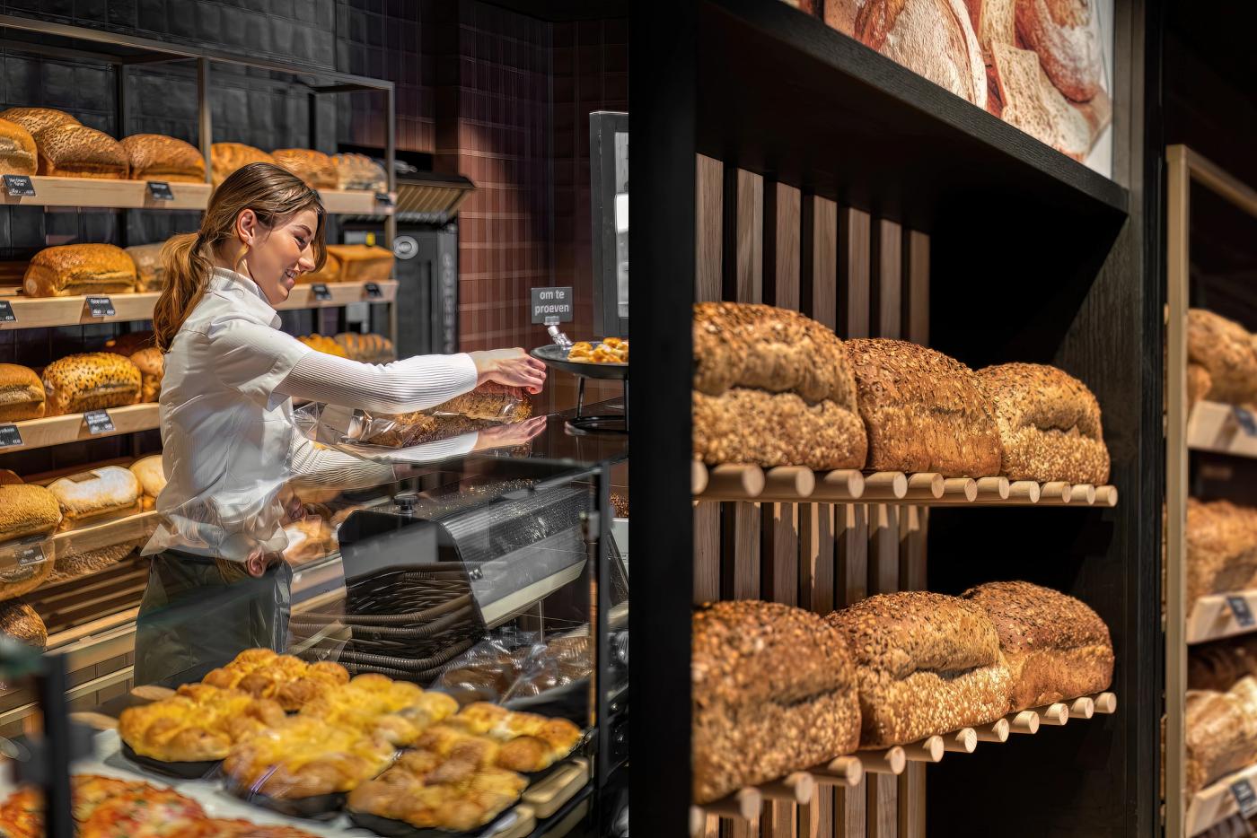 Winkeldame snijdt brood en een stokkenpresentatie voor ongesneden brood op een lastenwand van eikenhout
