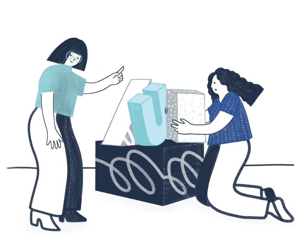 An illustration of two people collaborating on stacking blocks of various shapes. An illustration of two people collaborating on stacking blocks of various shapes.