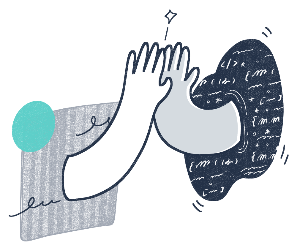 An illustration of two hands high fiving. One is coming from a cloud of code and the other is coming from a computer interface that is meant to look like space.. An illustration of two hands high fiving. One is coming from a cloud of code and the other is coming from a computer interface that is meant to look like space..