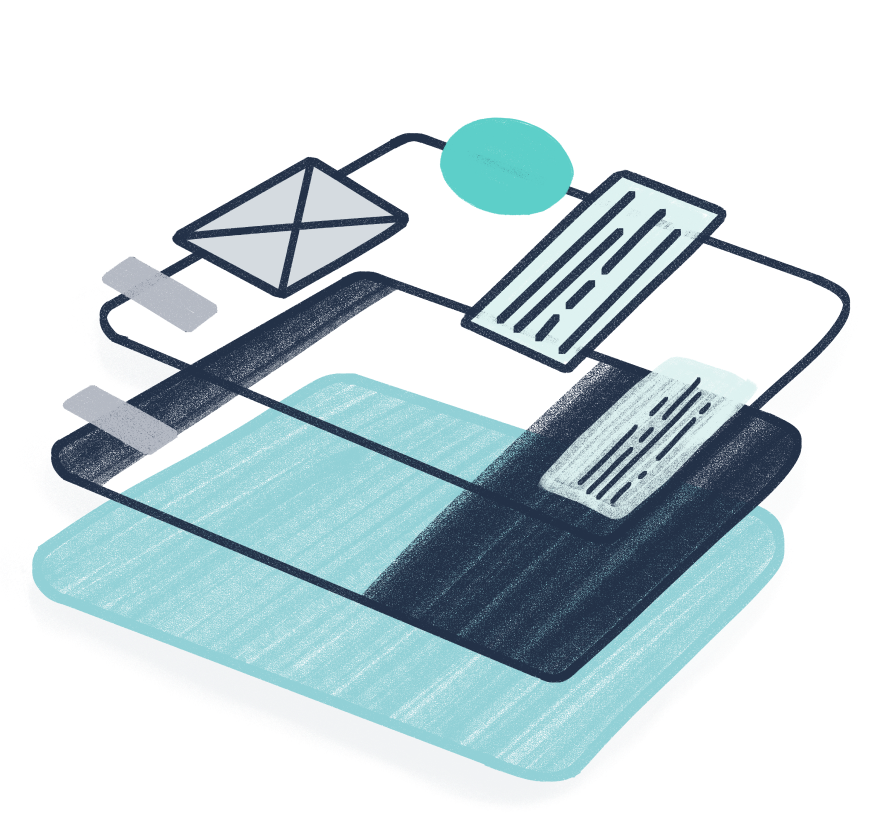 An illustration of various computer interface components layered on top of each other