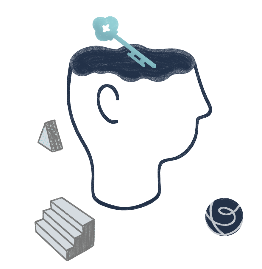 An illustration of a simplified human head being unlocked by a key.