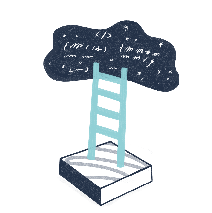 Illustration of a ladder ascending into a cloud filled with code