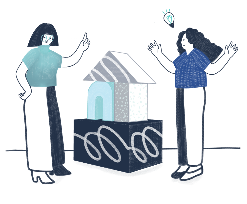 An illustration of two people celebrating successfully stacking blocks of various shapes. An illustration of two people celebrating successfully stacking blocks of various shapes.