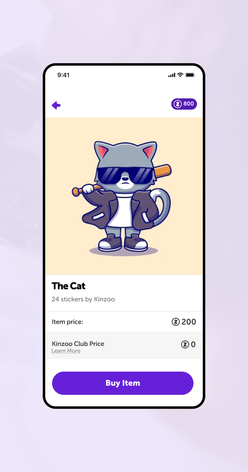 A screenshot of the Kinzoo interface showing a feature that allows users to buy digital stickers in ap A screenshot of the Kinzoo interface showing a feature that allows users to buy digital stickers in ap