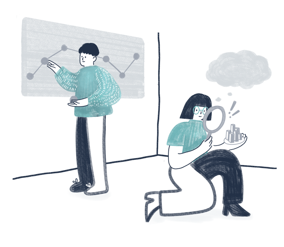 An image of two people exploring visualized version of data graphs An image of two people exploring visualized version of data graphs