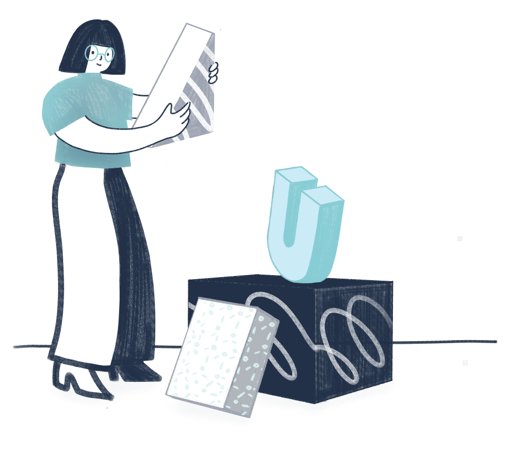 An illustration of a person looking at various 3D shapes An illustration of a person looking at various 3D shapes