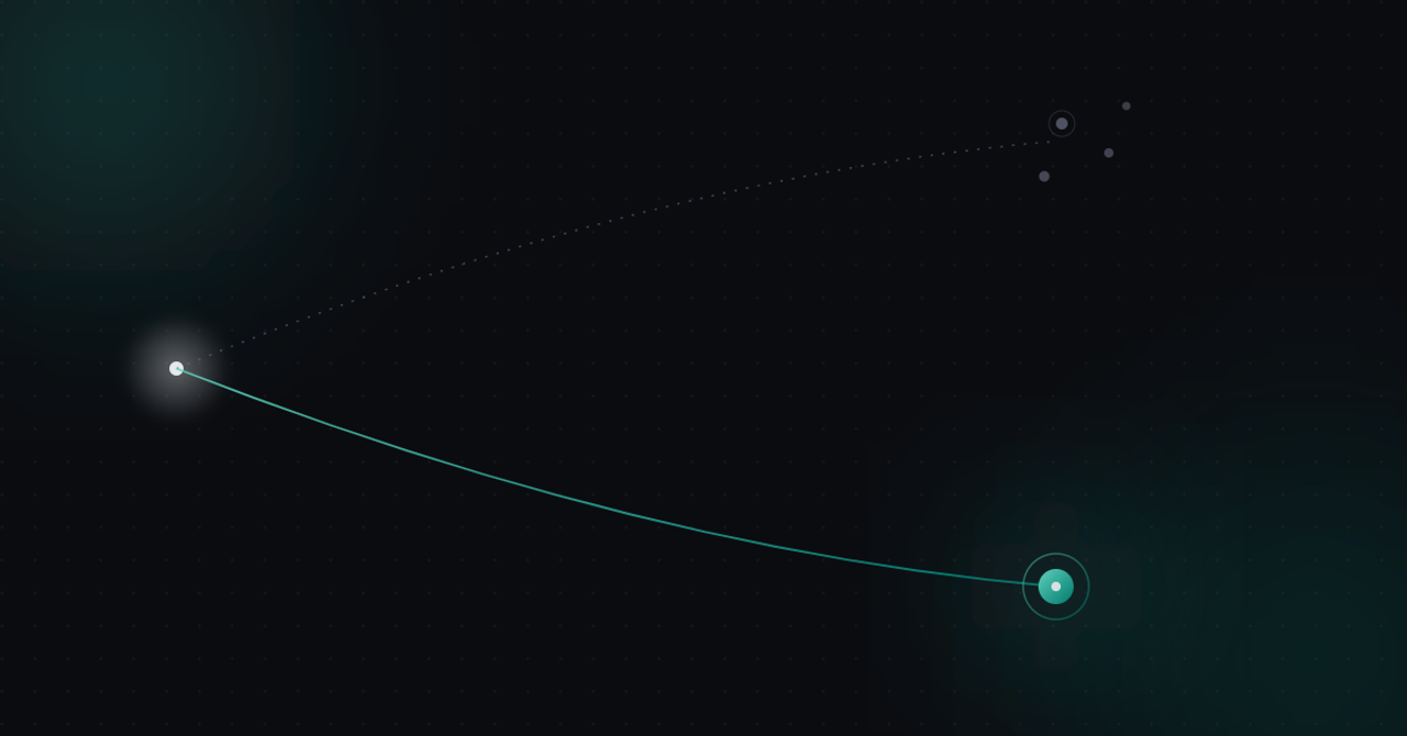 Minimal dark illustration of a single origin point splitting into two paths: a dashed muted path ending in scattered, disconnected dots representing a MEDDPICC score guessed from memory, and a solid teal-and-mint path ending in one clean glowing node representing a score grounded in what was actually said on the call.