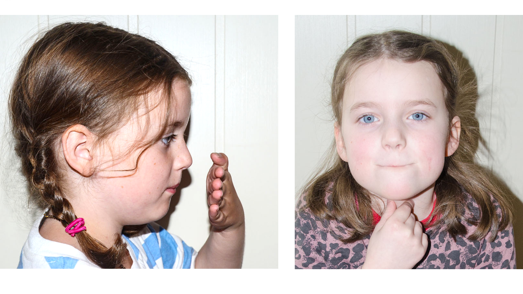 Ei jente holder hånda foran munn og nese for å sjekke hvor lufta kommer ut på /m/. Ei jente sier /m/ mens hun holder hånda på strupehodet for å sjekke stemthet.