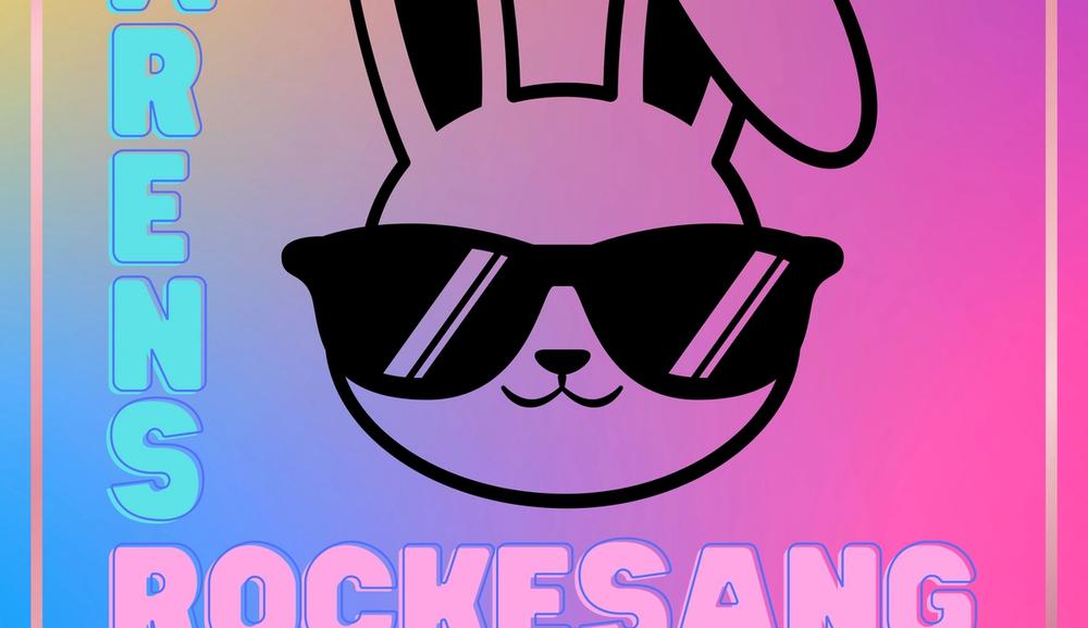 Fargerik tegning av hare med solbriller. Tittel i store bokstaver: Harens Rockesang