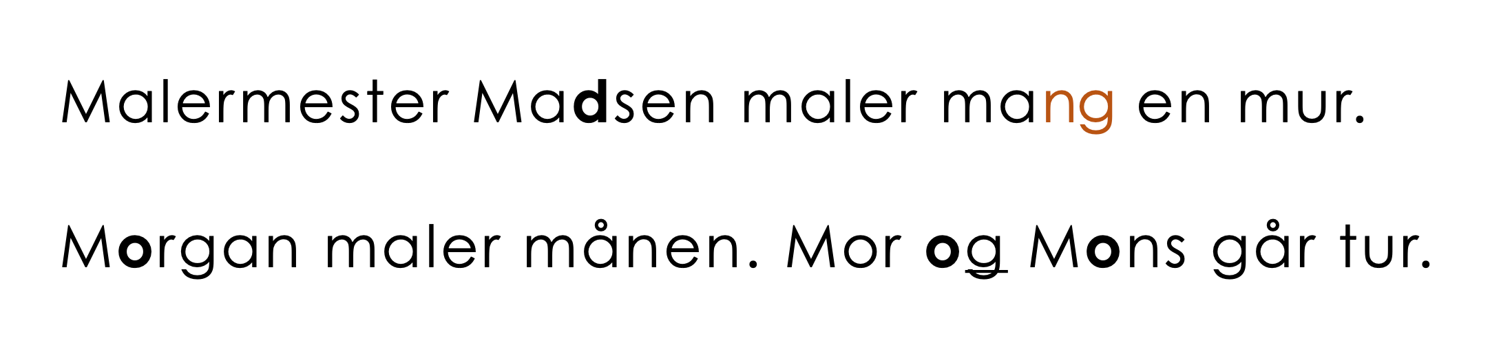 M-lyd-verset med markeringer av stumme og vikarierende bokstaver, og av bokstavgruppa NG