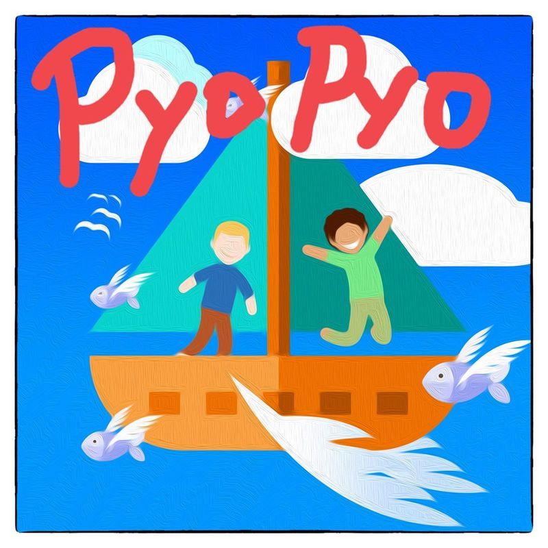 Fargerik illustrasjon av to personer i en flyvende båt