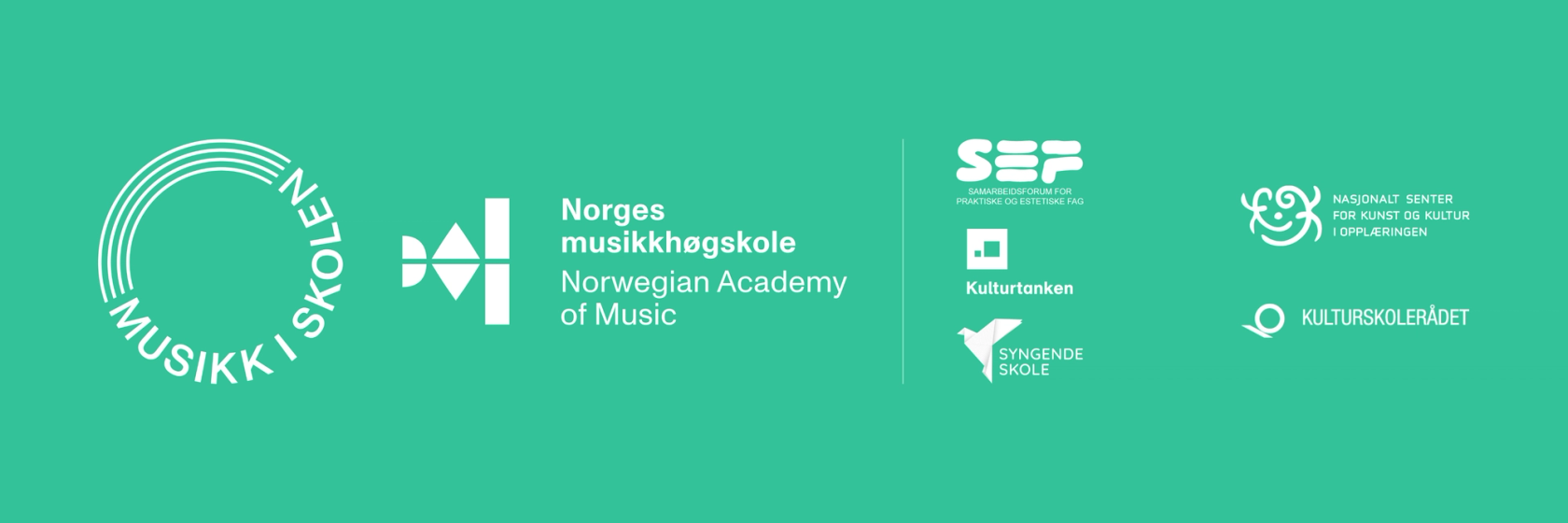 Logoer for arrangører og samarbeidspartnere: Musikk i Skolen, Norges musikkhøgskole, SEF, Kulturtanken, Nasjonalt senter for kunst og kultur i opplæringen og Syngende skole
