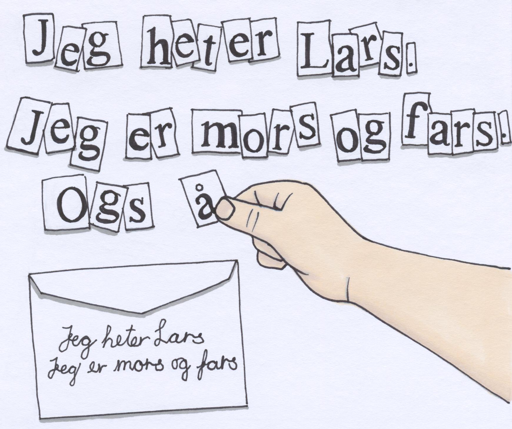 Barnehånd med å-lapp i ferd med å pusles i ordet så. Lapper fra RS-verset som er puslet, er: Jeg heter Lars. Jeg er mors og fars. Og... 
