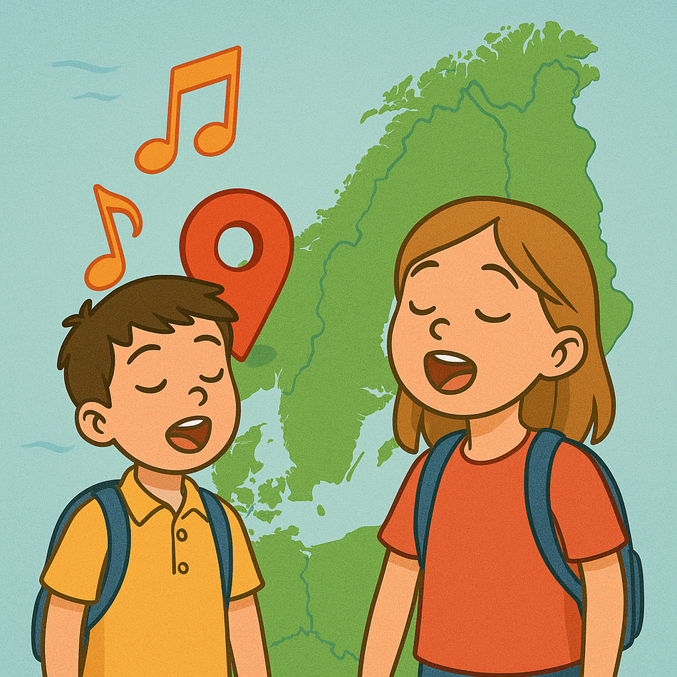 Illustrasjonsbilde av barn som synger med Norges kart i bakgrunnen