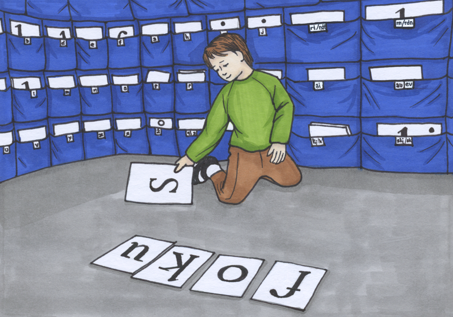 Illustrasjon av elev som pusler ordet 'fokus' med store bokstavkort på gulvet