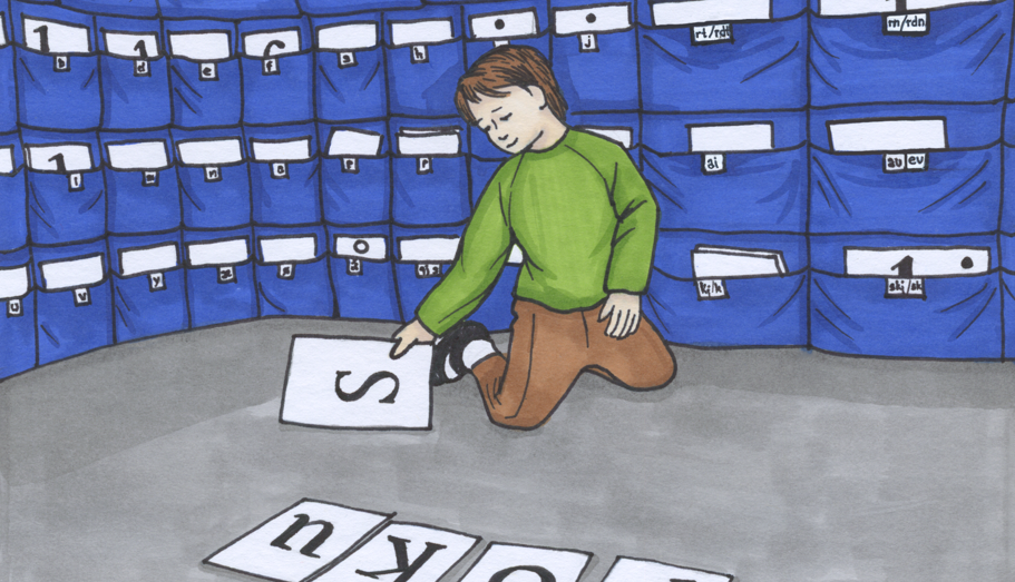 Illustrasjon av elev som pusler ordet 'fokus' med store bokstavkort på gulvet