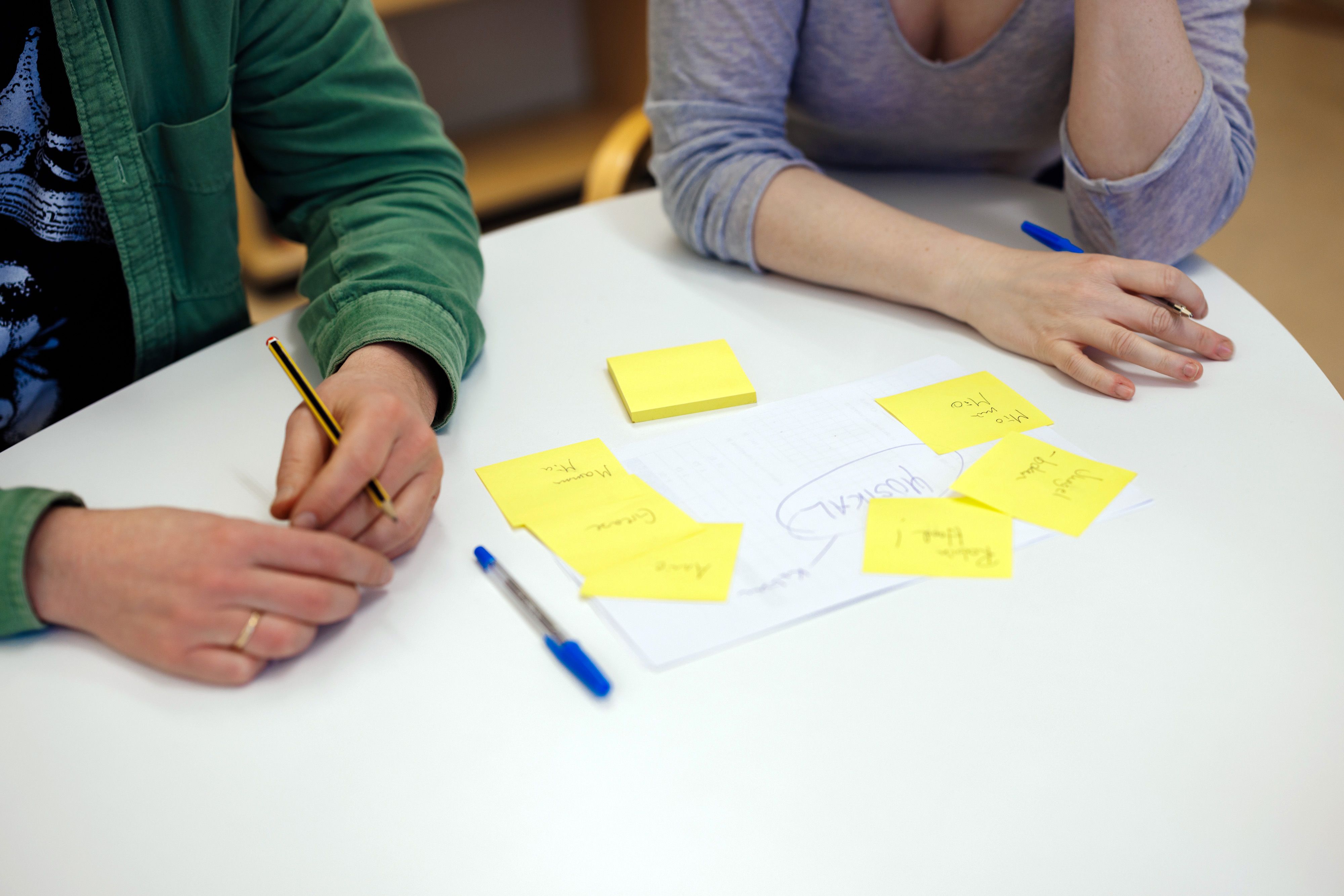 Lærere jobber rundt et bord med notater og gule lapper