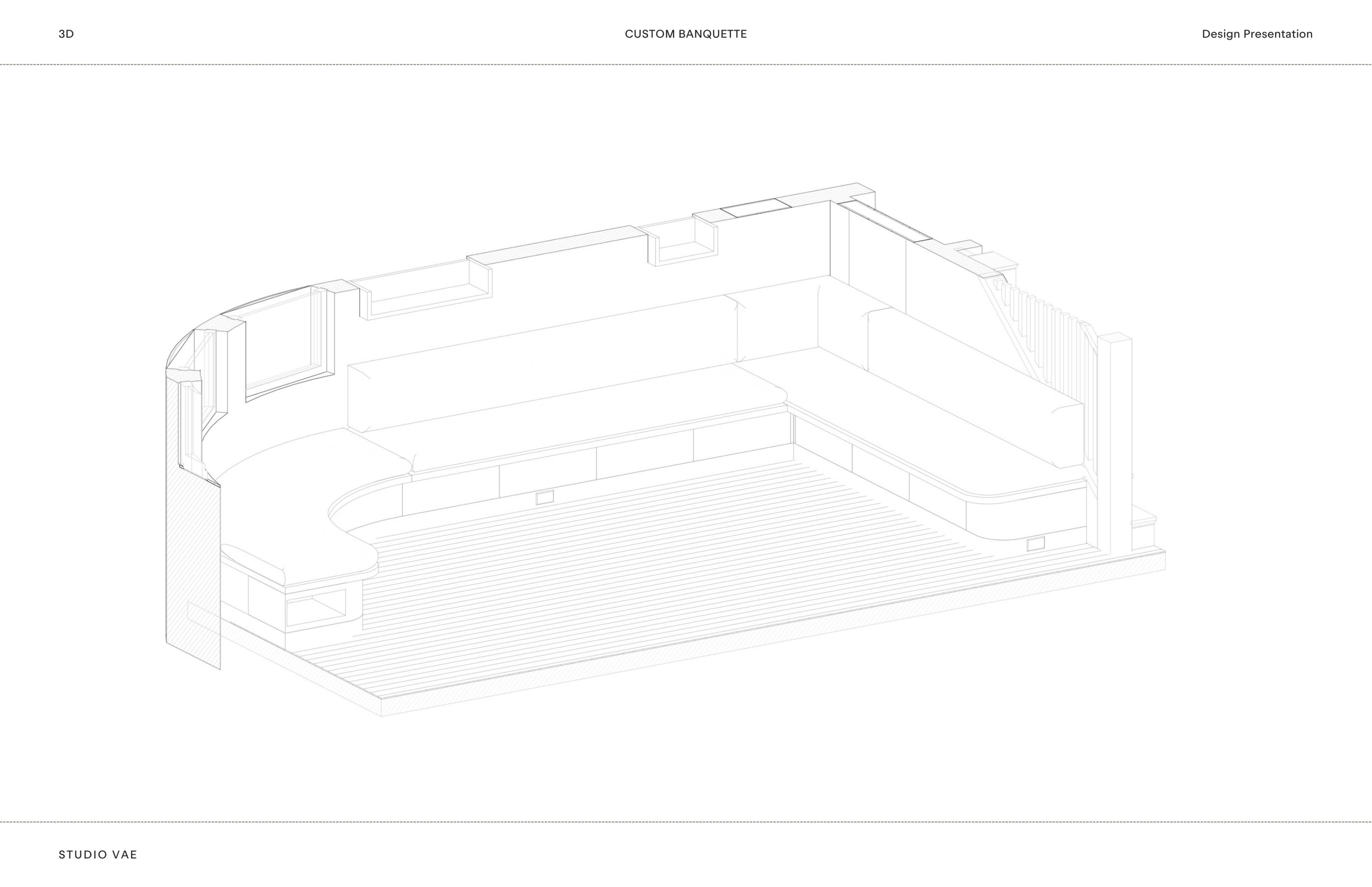 Axonometric line drawing of a custom curved banquette and built-in millwork, showing the bench seating, shelving, and staircase in wireframe detail.