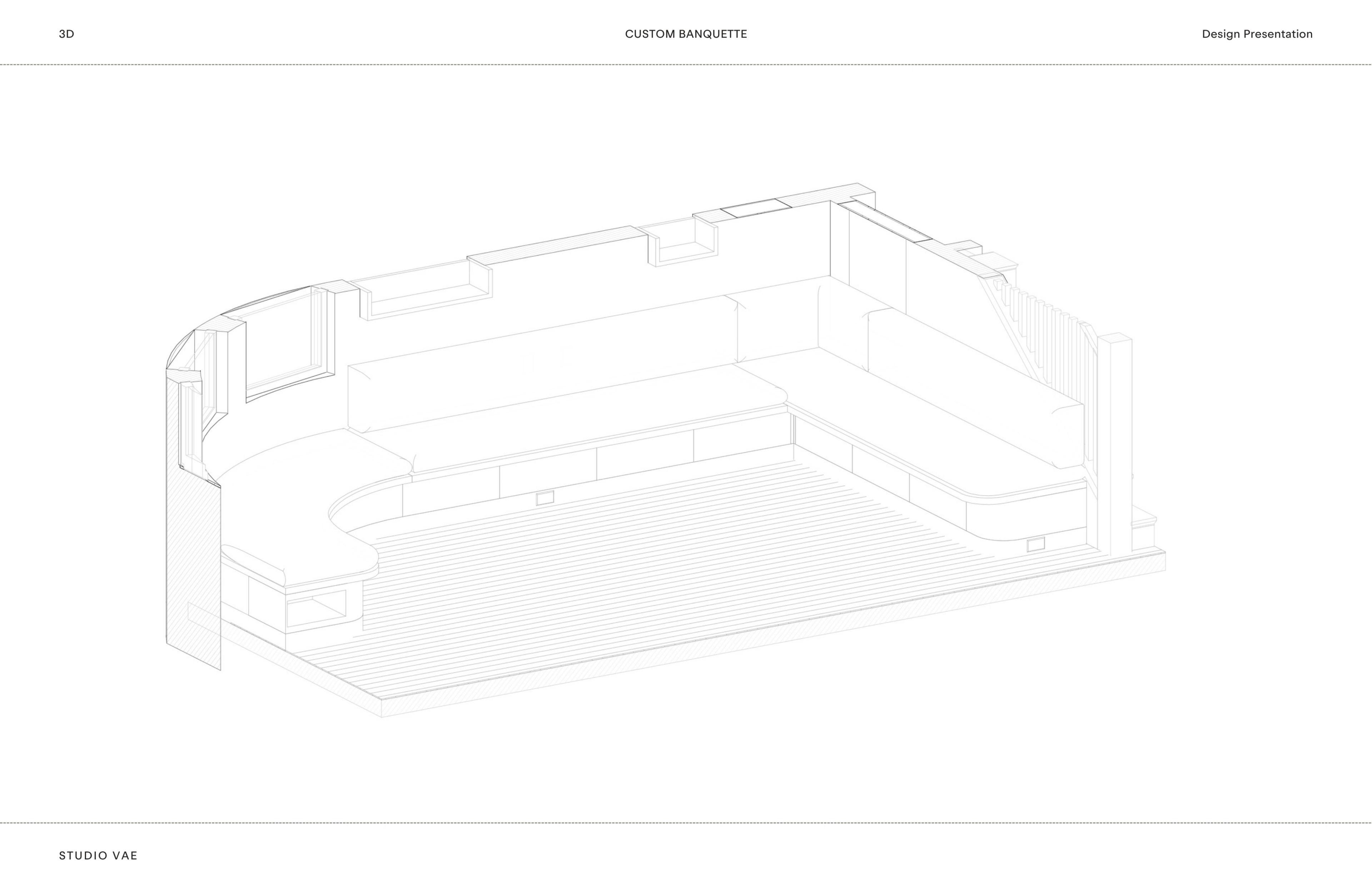 Axonometric line drawing of a custom curved banquette and built-in millwork, showing the bench seating, shelving, and staircase in wireframe detail.