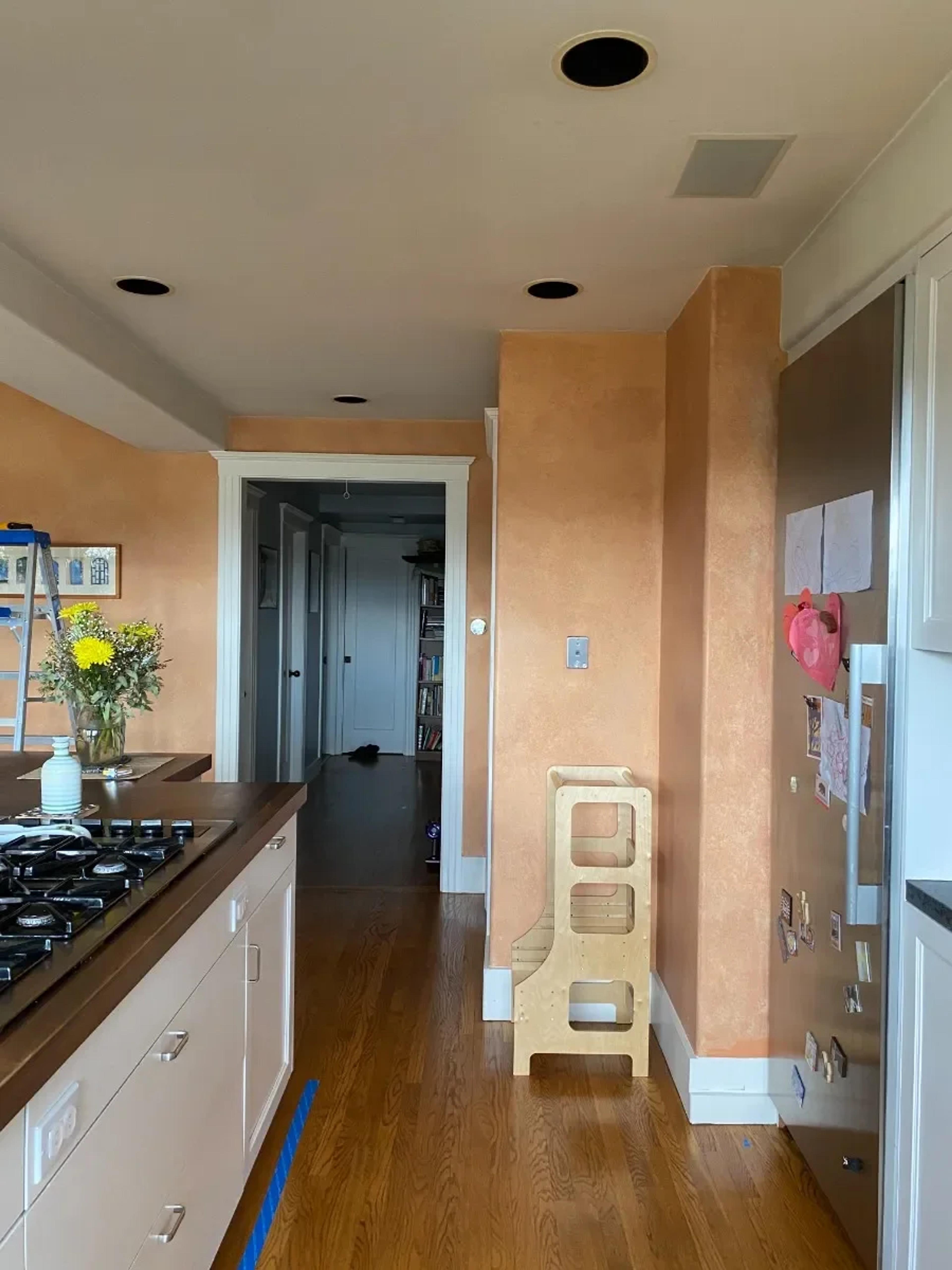 Parnassus Heights kitchen before the renovation: a narrow galley with orange walls and a cooktop counter