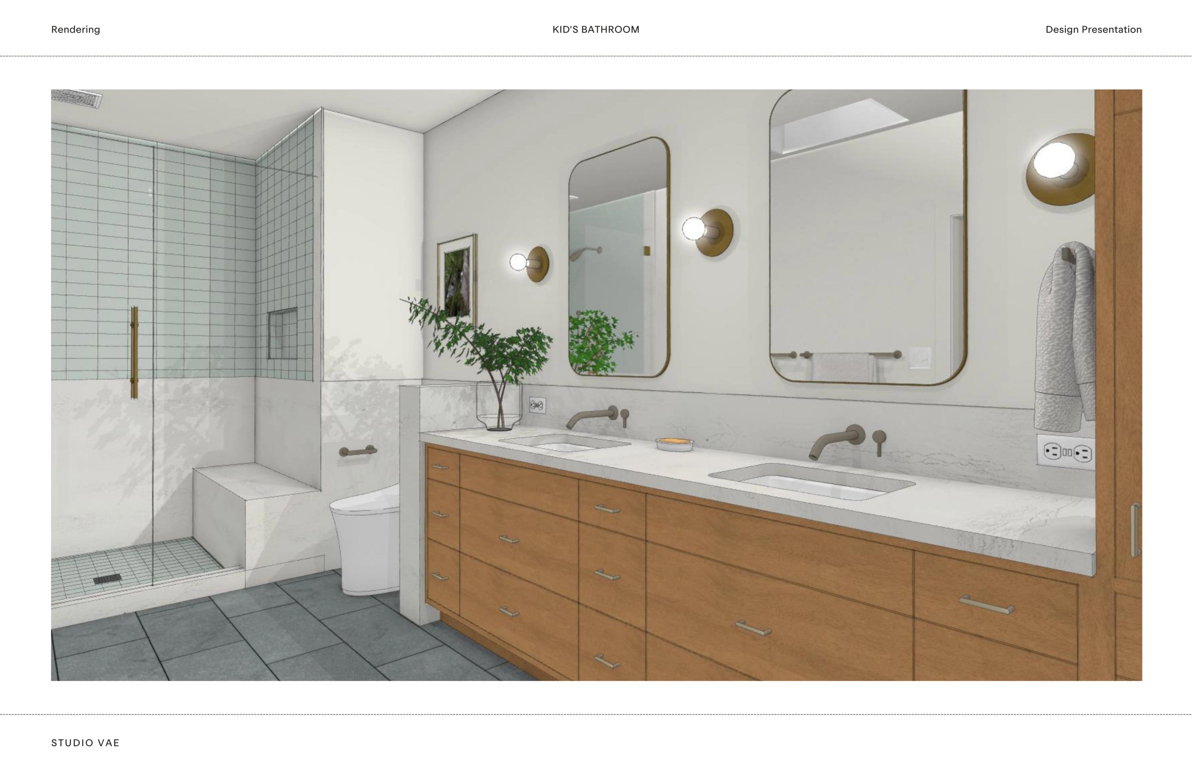 Design presentation rendering of a kid's bathroom with a wood double vanity, arched mirrors, and a glass-enclosed shower