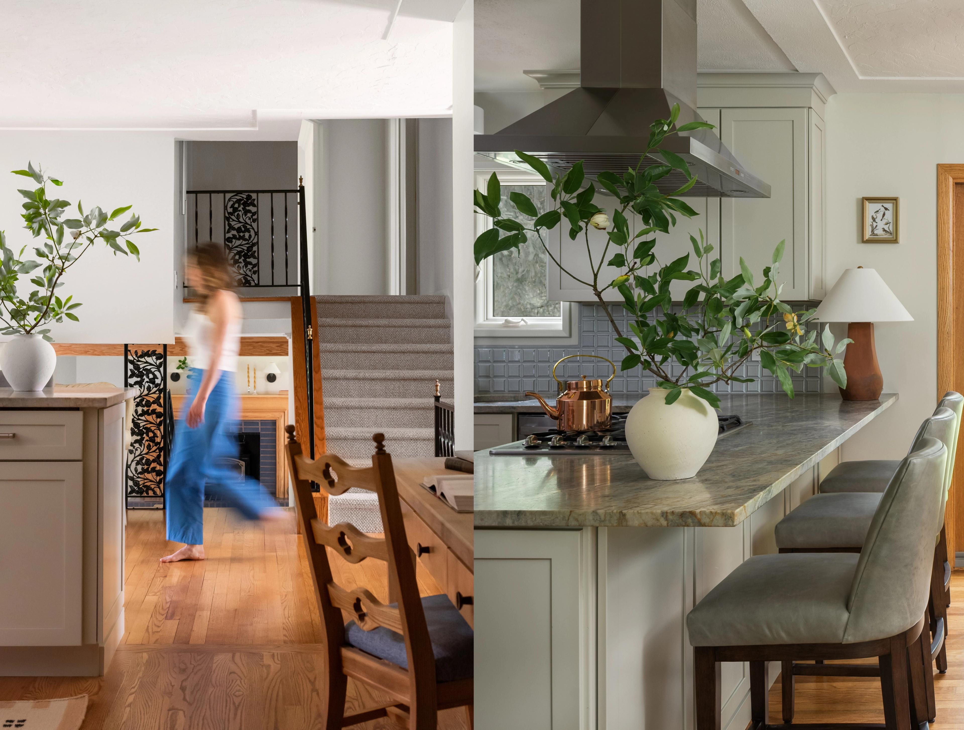 Lorain farmhouse kitchen and dining room by Studio VAE, with a quartzite peninsula, green counter stools, and a woman walking past