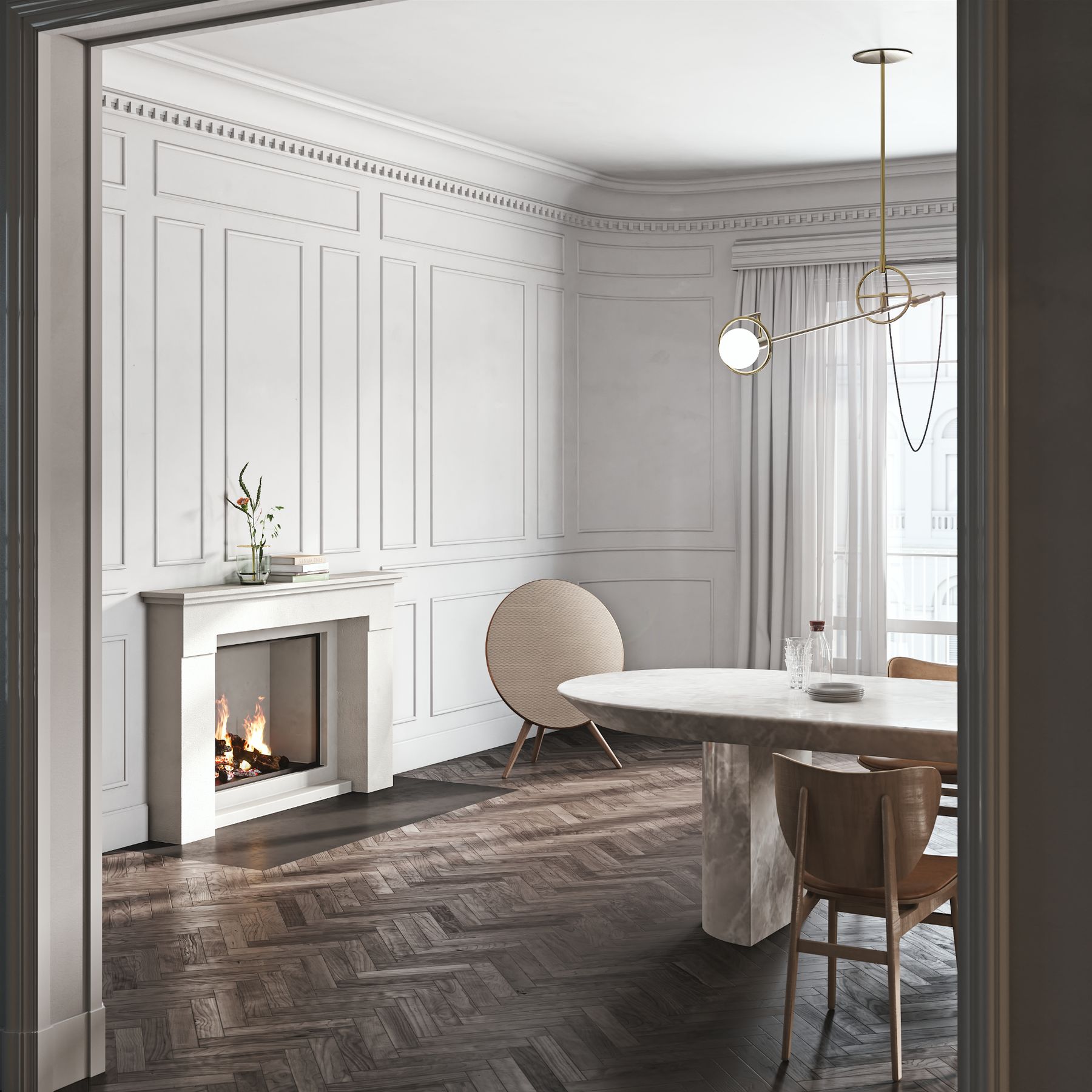 Interior Rendering eines Altbau-Esszimmers mit Kamin, Fischgrätparkett und rundem Esstisch