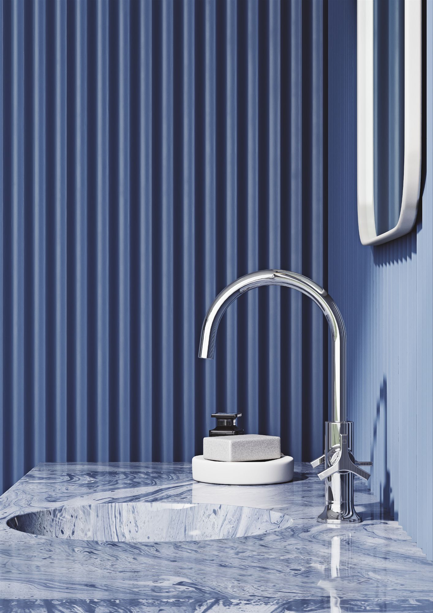 Produktvisualisierung einer Chrom-Armatur auf einem Marmorwaschtisch vor blauer Lamellenwand