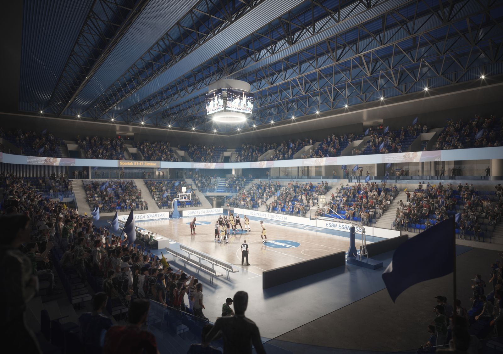 Wettbewerbsvisualisierung einer Basketballarena mit vollbesetzten Rängen und Spielfeld