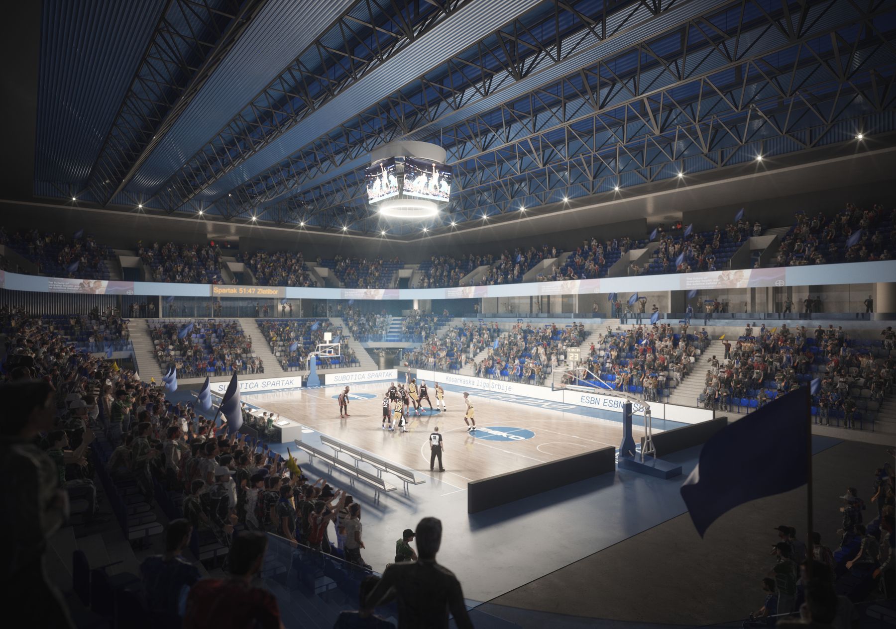 Wettbewerbsvisualisierung einer Basketballarena mit vollbesetzten Rängen und Spielfeld