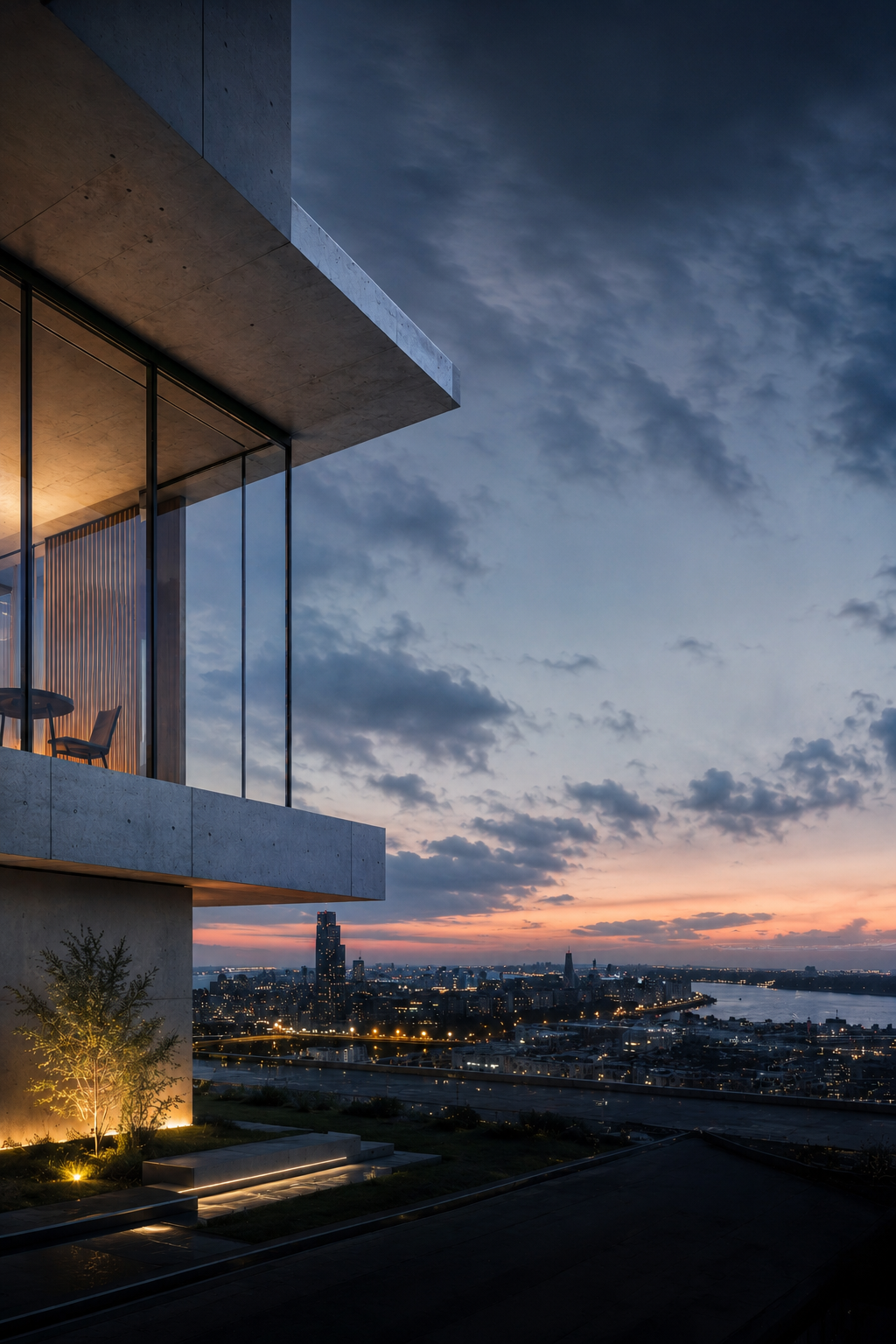 Moderner Architekturhof mit Glas- und Betonfassade