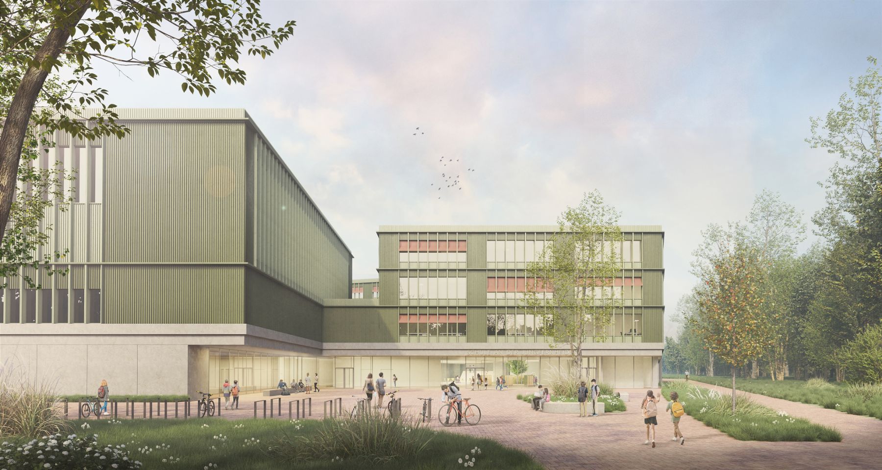 Wettbewerbsvisualisierung eines Schulcampus mit Sporthalle, Grünflächen und Wegeverbindungen